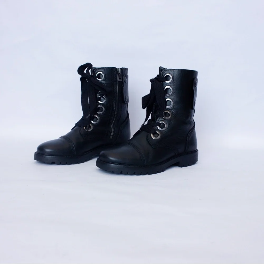 568$MRP Zadig & Voltaire Joe Boots Black Leather Lace Up Zip Logo Boots , Sz 38 - Picture 4 of 16